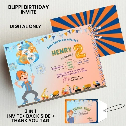 Video de cumpleaños Blippi invitación frontal y etiqueta de agradecimiento gratis, 2 temas, elige cualquiera Foto 2 de 3