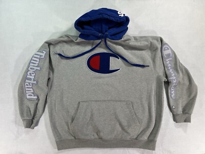 Champion X Timberland Gray Hoodie Sleeve Spell Out Felt Graphic