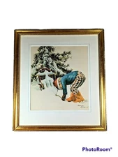 Vintage Carolyn Blish Signed Art Print Framed Under Glass Boy In Snow Sled