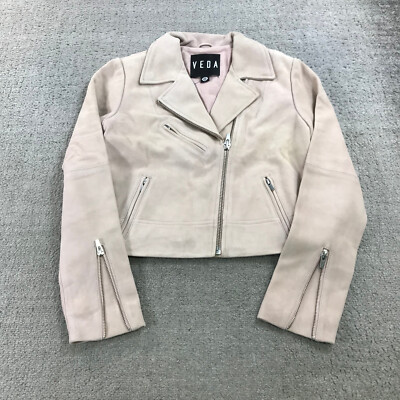 Veda Leather Jacket Womesn Small Classic Leather Moto Jacket Pink Goat Suede B5
