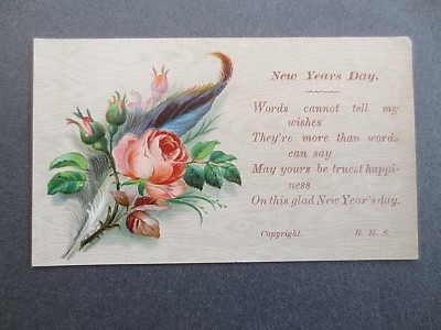 Antike Neujahrskarte geprägt rosa Rose & Feder R.H.S Vers viktorianisch chromo
