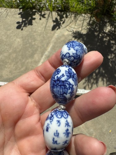 Vintage asiatisches orientalisches Porzellan blau/weiß oval handgeknüpft 24" Perlen Halskette - Bild 6 von 9