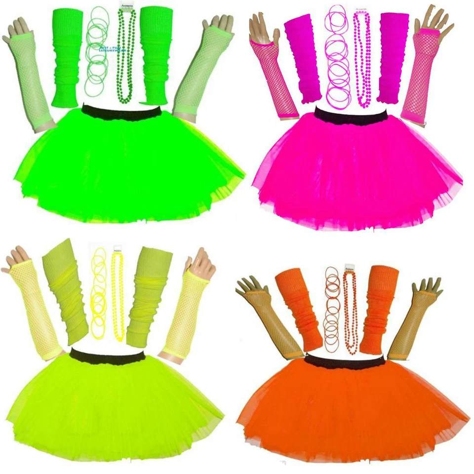 NUOVI GUANTI TUTU UV NEON RAGAZZE SCALDA GAMBE PERLINE E BRACCIALETTI ABITO FANTASIA GALLINA FESTA - Immagine 2 di 4