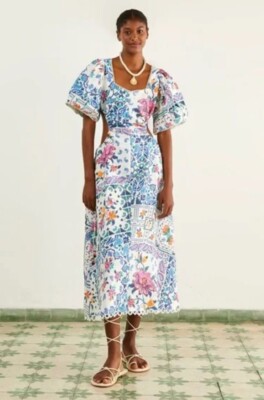 Anthropologie Farm Rio Off-White Romantic Bandanas Midi Dress Size Large