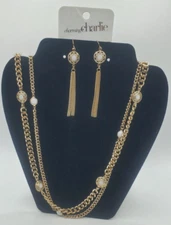 Charming Charlie Statement Necklace White Jewels Gold Tone Beads Pierce Earrings
