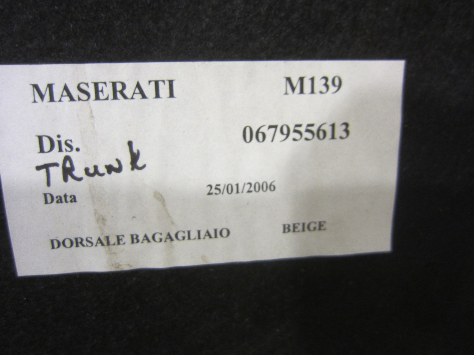 Maserati Quattroporte 05-06 - Trunk Latch Cover Carpet - Beige - P/N 981306300