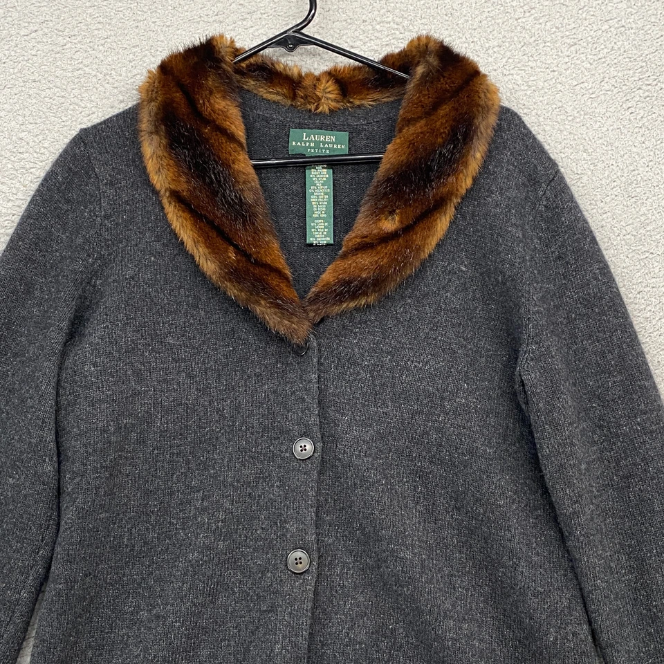 Ralph Lauren Cardigan Sweater Womens PL Wool Cashmere Angora Faux Fur Collar - Image 2 of 4