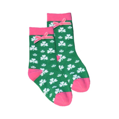 Girls Mid Calf Shamrock Crew Socks with Ribbon Bow Pink Cotton - Picture 2 of 6