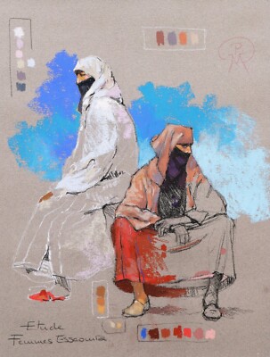 French Drawing Framed Orientalist Women Essaouira Morocco Patrick MARTIN