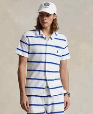 Image of $138 Polo Ralph Lauren Men's Striped Terry Camp Shirt, Blue/White, Sz Medium