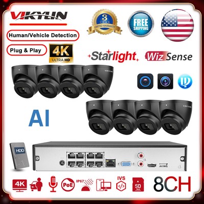Vikylin 8CH 8POE 4K 8MP Network IP Camera Systems WizSense Startlight Black Lot