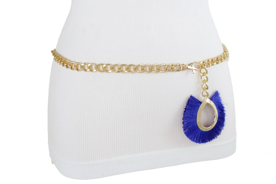 Women Hip High Waist Skinny Strap Belt Gold Metal Chain Royal Blue Charm M L XL - Image 3 of 4