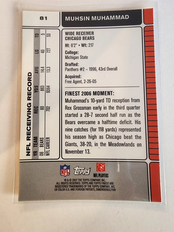 2007 Finest Refractors Chicago Bears Football Card #81 Muhsin Muhammad - Image 2 of 2