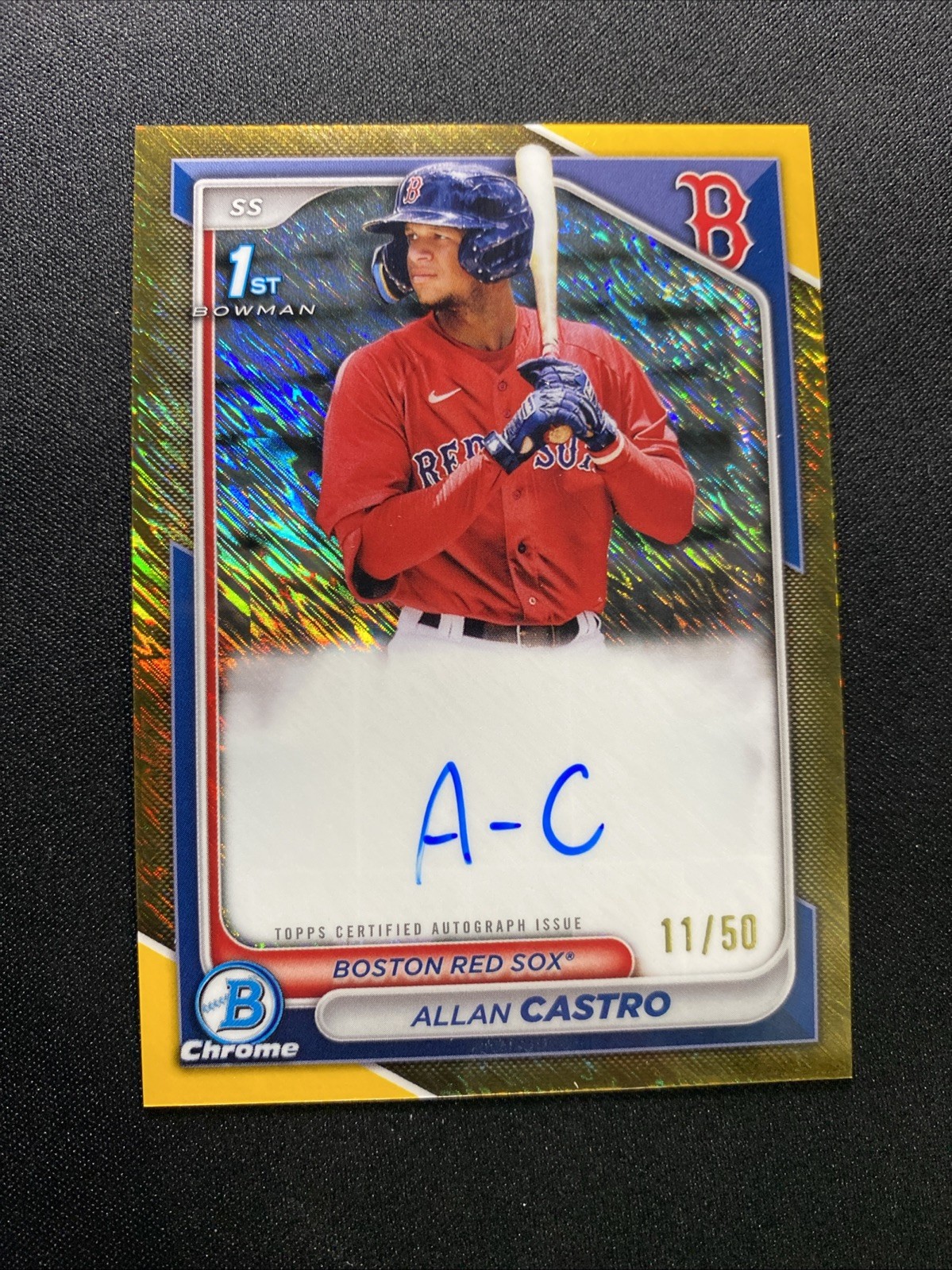 2024 1st Bowman Chrome Allan Castro Gold Shimmer Refractor Auto #/50 Red Sox 1st