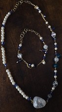 Blue/White Glass Pearl Beaded Necklace & Bracelet Set, Adjustable