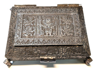 VINTAGE PERU STERLING 0.925  HINGED BOX INCA - MAYA - AZTEC DESIGN 411.30 GRAMS