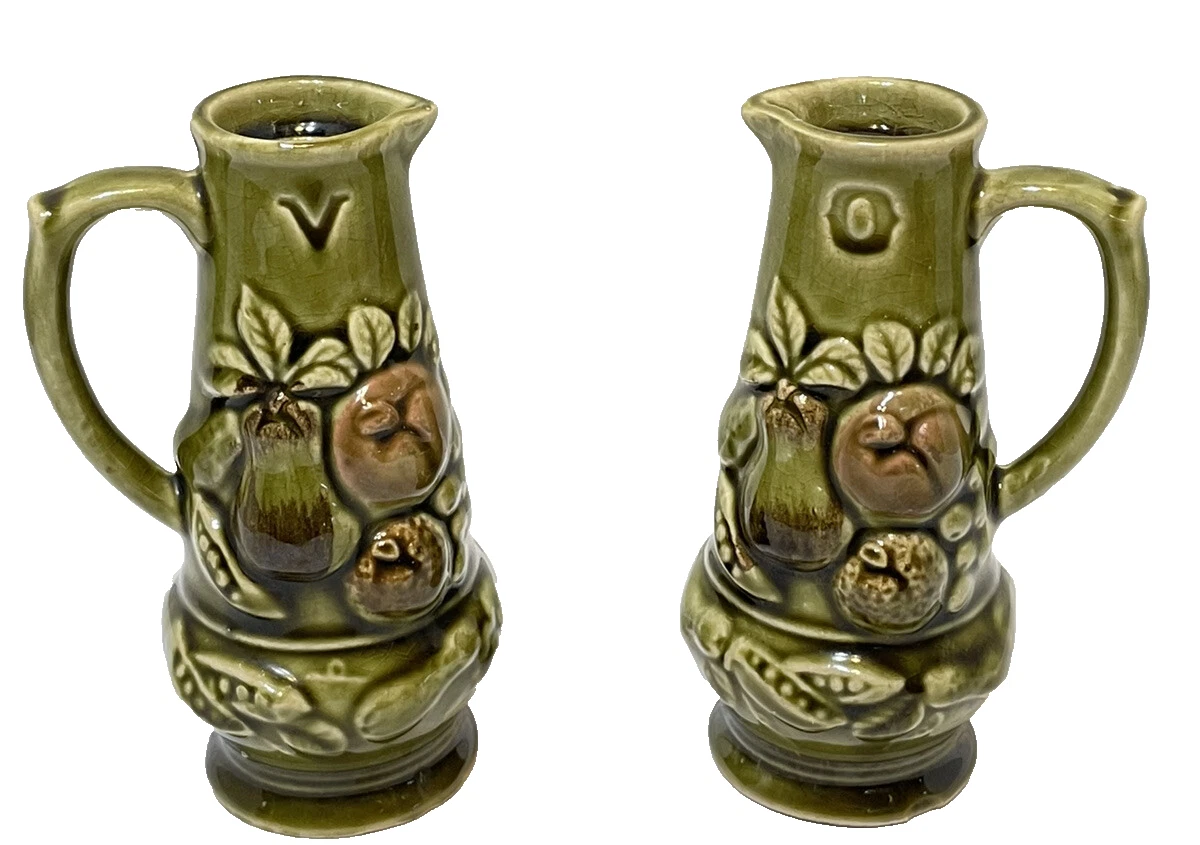 Vintage MCM Oil and Vinegar Ceramic Cruets Embossed Vegetables Green 5.25" Japan