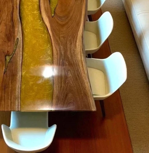 Yellow Epoxy Resin Dining Table Live Edge Wooden Cafeteria Hallway Decor - Image 2 of 4