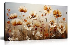 Flower Wall Art for Living Room, Floral Canvas Wall-Decor for Bedroom, Beige ...
