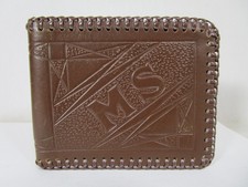 Vintage Embossed MS Laced Edge Leather Bi fold wallet Brown Geometric Pattern