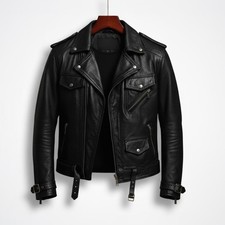 Men Real Leather Biker Jacket Classic Black Cowhide Motorcycle Slim Fit Outerwea
