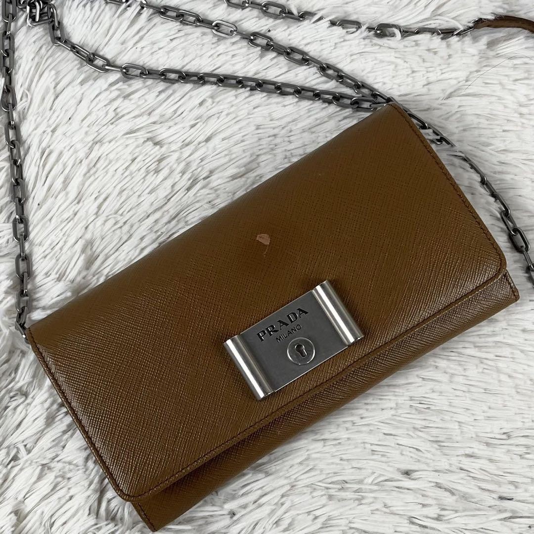Prada Saffiano Leather Shoulder Wallet Brown Logo Embossed Excellent Condition