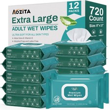 720 Count 12 Packs of 60 Wipes for Adults, 8" x 12" Extra Large Wet Wipes for