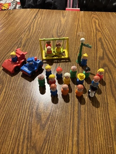 Vintage Little People Lot of 20 People, 2 Cars, Swing and Sesame Street Sign