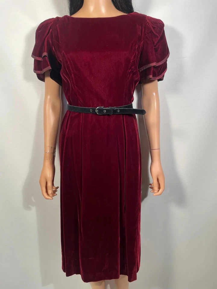 Vintage 80s Lanz Burgundy Velvet Puff Sleeve Holiday Party Dress Size S/M - Image 4 of 4