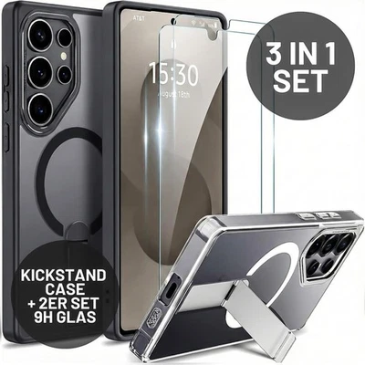 Handyhülle Set 2x Schutzglas MagSafe Case mit Kickstand Ständer iPhone Samsung - Bild 1 von 4