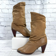 Vintage Zodiac USA Women's 9M Slouch Boots Tan Leather High Heel 1022019