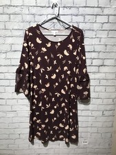 LC Women L, Brown Floral 3/4 Sleeve Chiffon Hem, Pullover Stretch T-Shirt Dress