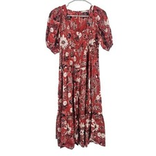 Ulla Johnson Nora Dress Red Floral Tiered Puff Sleeve Pocket Midi Peasant Sz XS