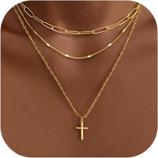 Layered Gold Cross Necklace for Women Stackable 14K Gold Plated Choker Pendant