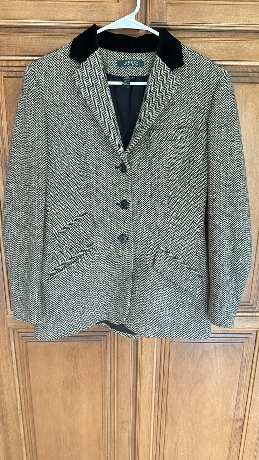 Lauren Ralph Lauren Women's Herringbone Wool Blazer Jacket Black Cream Size 6