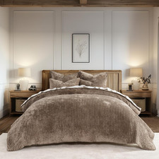 Queen Velvet Quilt Set Channel Stripe Bedding Coverlet Brown Bedspread