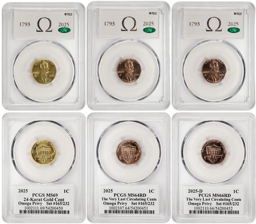 2025 Omega Lincoln Cents 3 Coin Set Certified PCGS & CAC MS-69/64RD/66R D #165