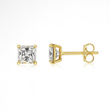 14k Yellow Gold Solid Square Princess Cut Birthstone 4MM CZ Stud Earrings