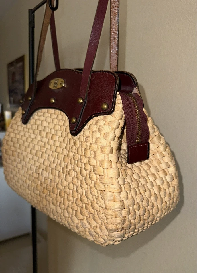 De colección Años 50 60 MCM Tejido Yute Paja Cuero Correa Cartera Bolso Cottagecore Boho Foto 4 de 4