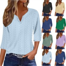 Womens Summer Blouse Tops 3/4 Sleeve V Neck Loose T-Shirt Ladies Casual Tee SIZE