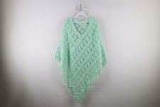 Vintage 60s 70s Boho Chic Womens OSFA Hand Crochet Fringed Poncho Sweater Mint