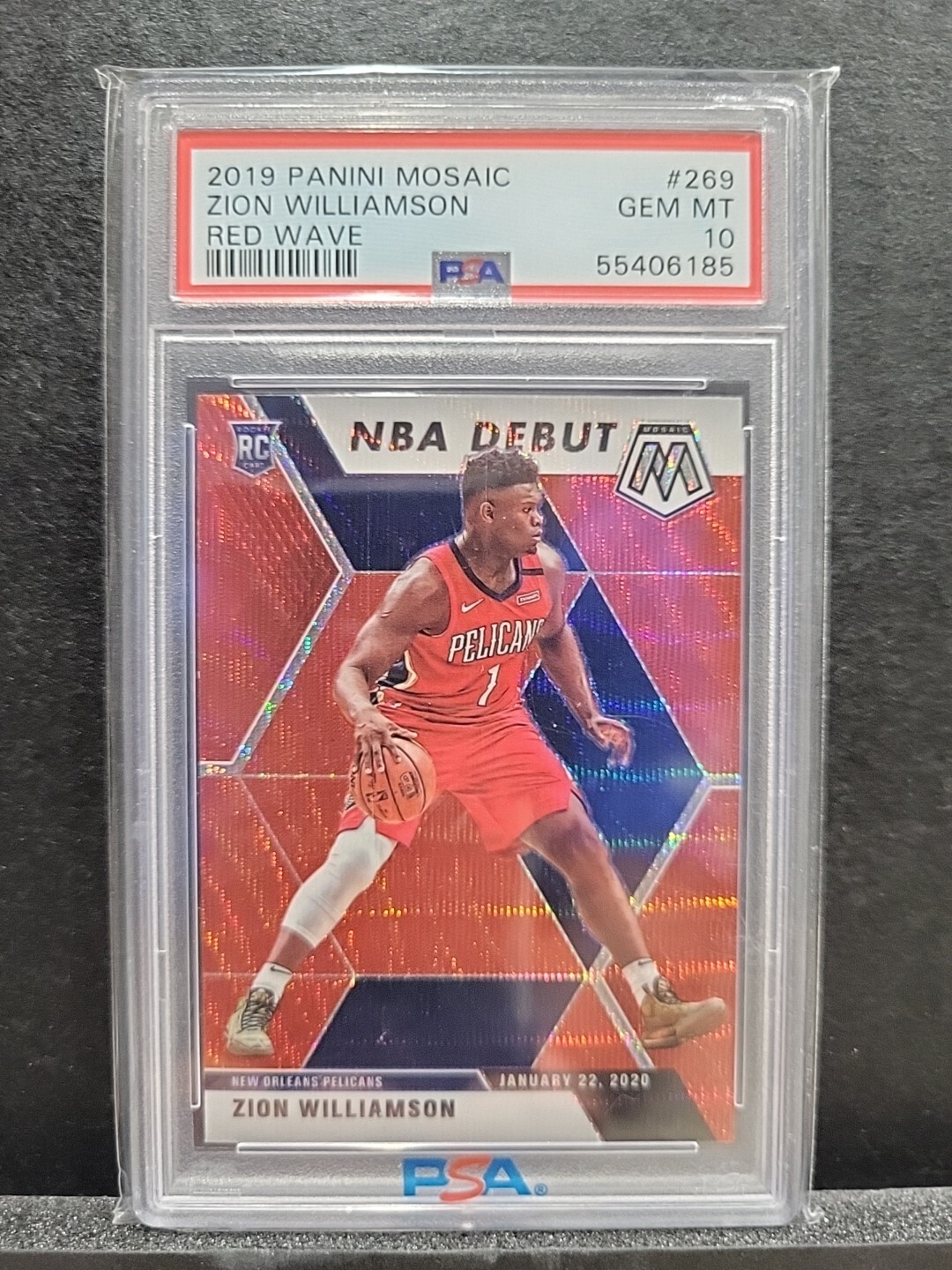 2019-20 Panini Mosaic Zion Williamson Rookie Red Wave NBA Debut #269 PSA 10