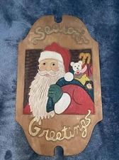 Hand Painted Wooden Hand Carved Christmas Sign Santa SEASONS GREETINGS Folk Lore