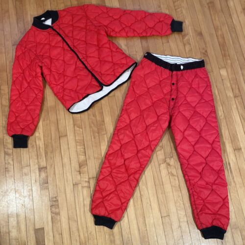 Vintage Quilted Jacket & Pants Ski Suit 1950s 1960s Red Long Underwear Insulated - Photo 1/10