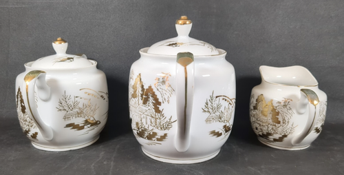 Servicio de té japonés Kutani 21 piezas ~ blanco con diseño dorado ~ geisha litofana - Imagen 4 de 24