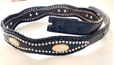 Western Belt Only SZ 30 Black Leather Scalloped Braided Stud Etched Oval Conchos