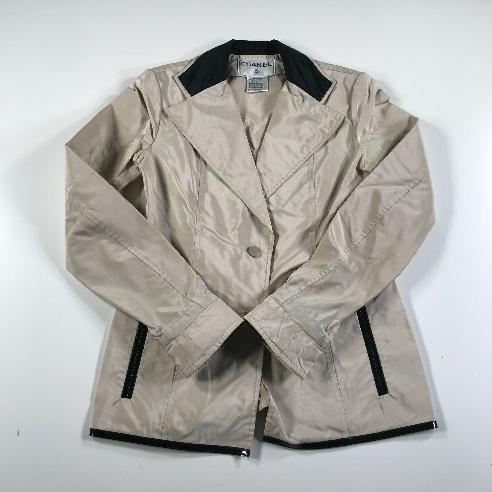 Vintage Chanel Windbreaker Jacket Size 38 Beige Shiny Collar Single Button  2000