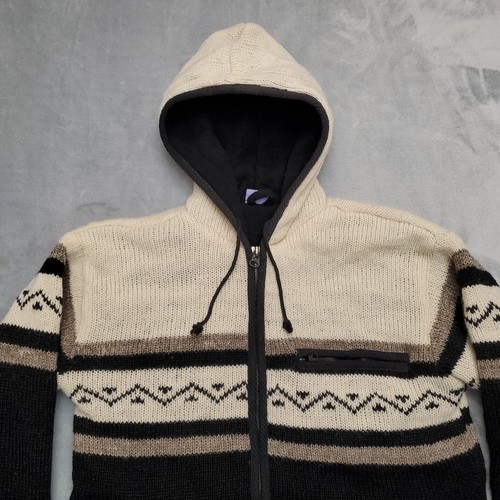 Shangri La Nook Sweater Mens Small Black Cream 100% Wool Hooded Nepal Zip Jacket - Picture 3 of 10
