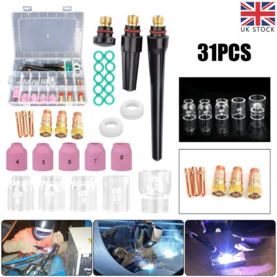 31Pcs TIG Welding Stubby Gas Lens #12 Glass Cup Kit For Tig WP-17/18/26 Torch UK