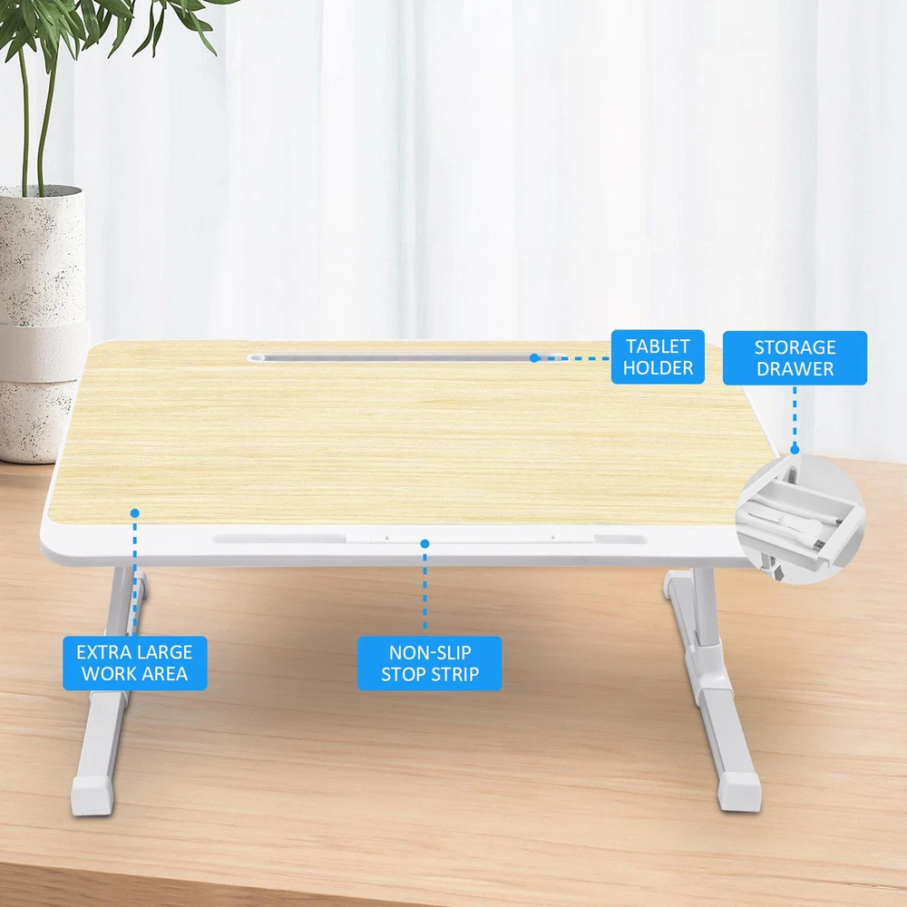 Adjustable Folding Laptop Stand For Bed With Non-Slip Tray And Storage Drawer  